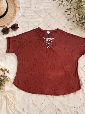 BKE Buckle L Boho Lace Up Top Rust Casual Relaxed Festival Style